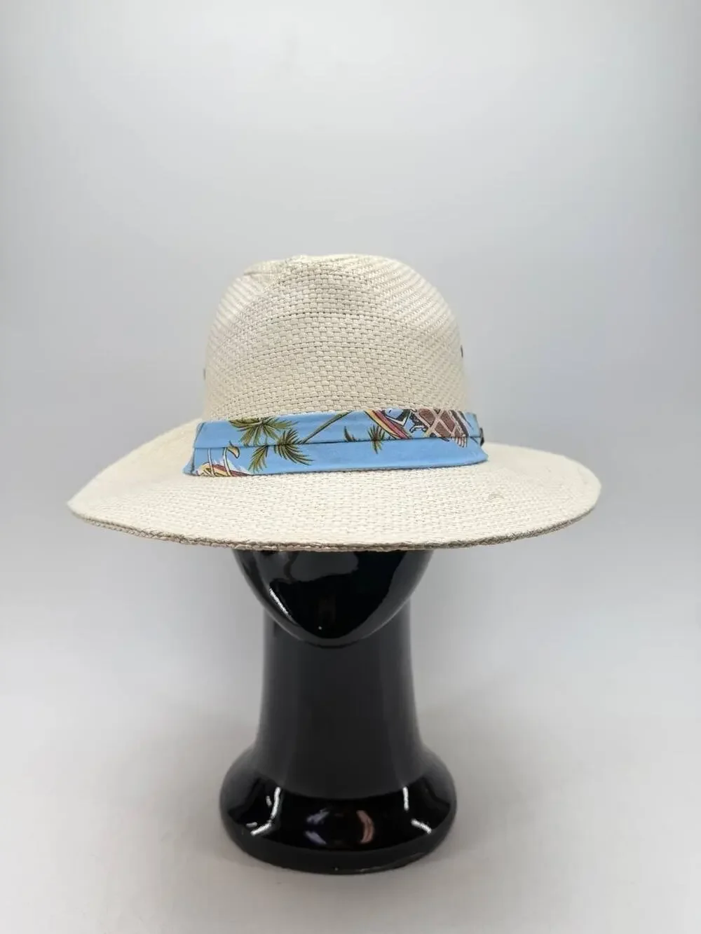 Island Beach Women's Large Paper Straw Wide Brim Sun Hat Tropical Band Beige